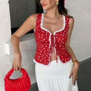 Women's Romantic Ditsy Floral Splice Lace Trim Tie-Up Blouse, Summer